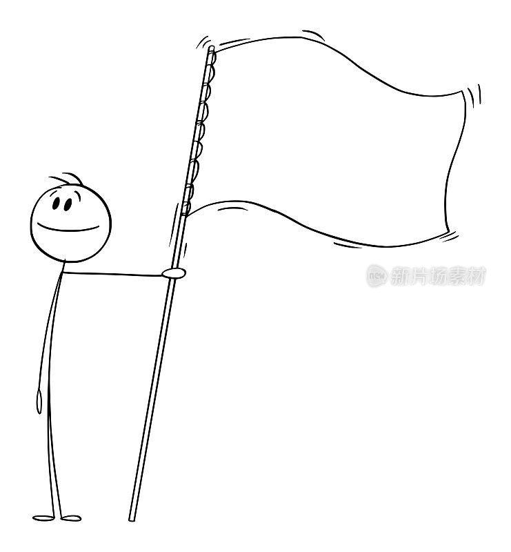 骄傲的人持有白色或空的旗帜，矢量卡通Stick Figure插图